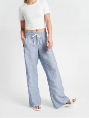Athleta Cabo Linen Wide Leg Pants Chambray Blue Coastal Boho Vibes Sz 4